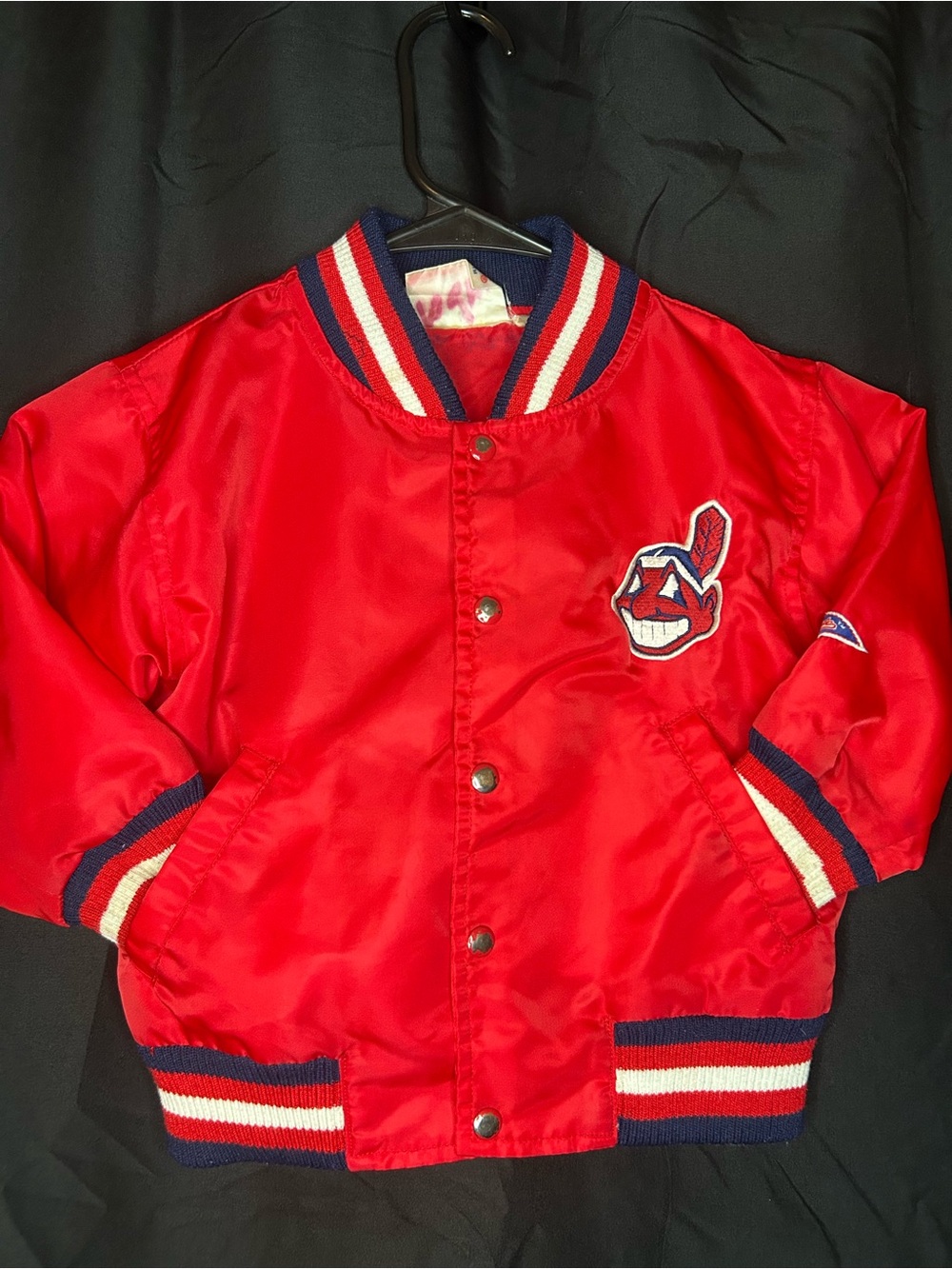 Kids Red Satin Bomber Jacket with Stripe Trim and Chest Patch
